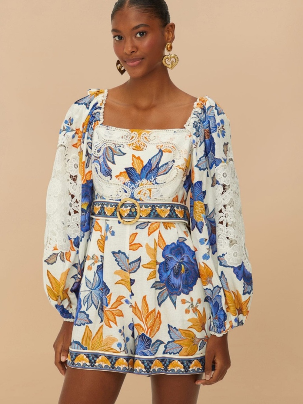Farm Rio Summer Flowers Romper with Bamboo Belt